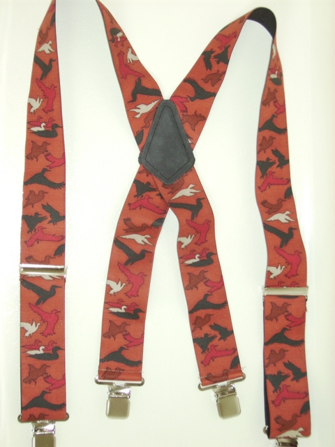 DUCK SILHOUETTES BROWN 2"X48" Suspenders with 4 strong 1"x 1" Stainless Steel Grips and 2 Secure Stainless Steel Length Adjusters in the front. UA220N48DUBR